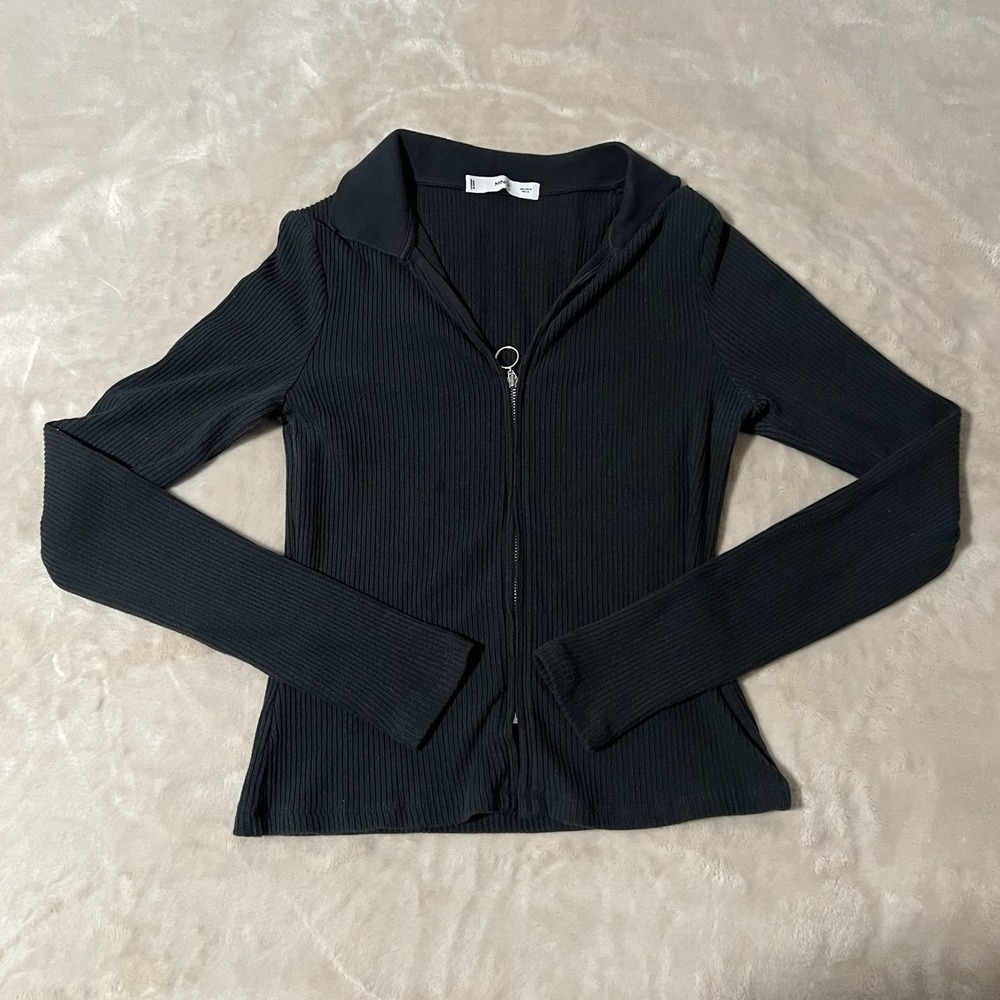 MNG Mango Black Ribbed Zip Up Top Womens Medium Long Sleeve Ring Pull Stretch